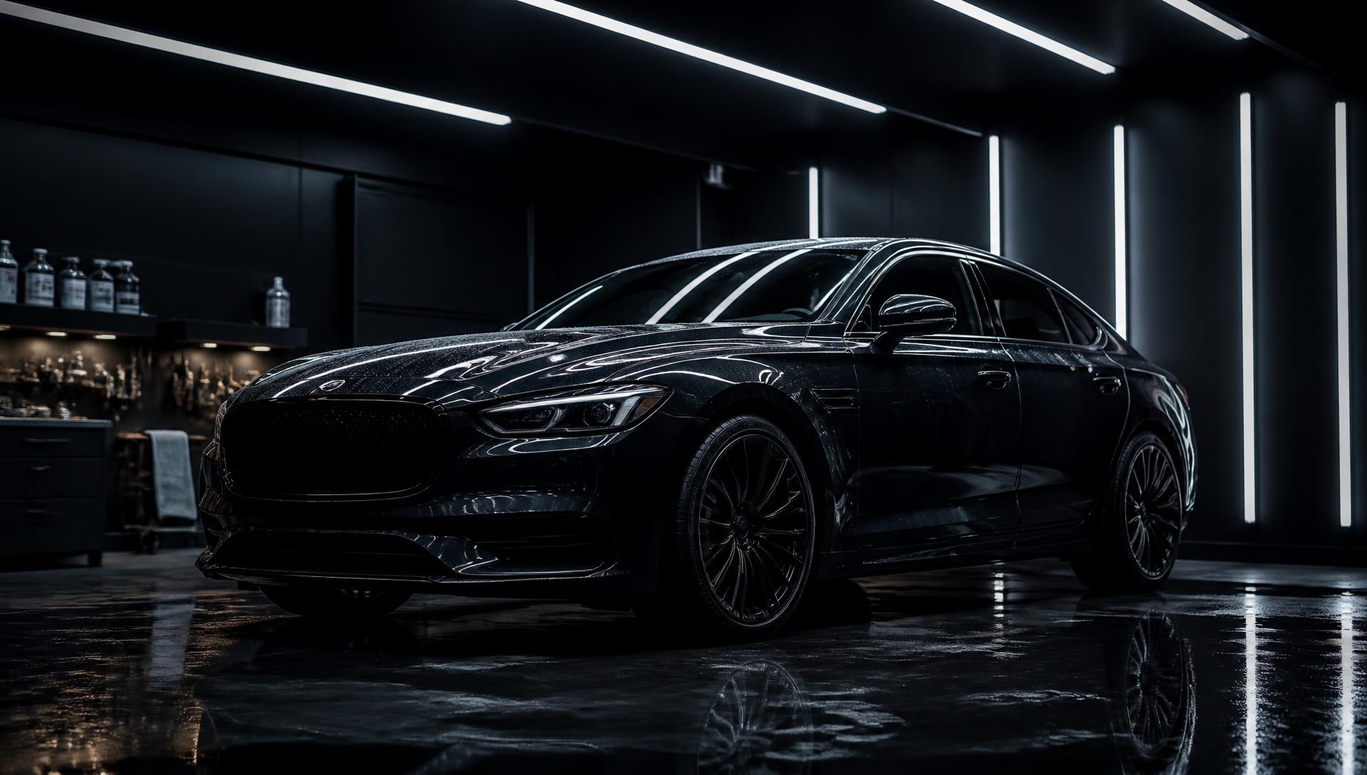 Glossy dark luxury sedan in a professional detailing studio