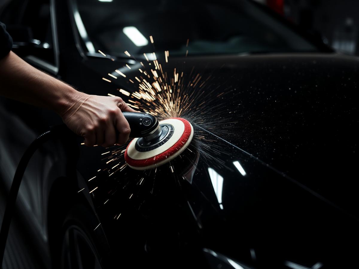 Technician machine polishing a dark car panel