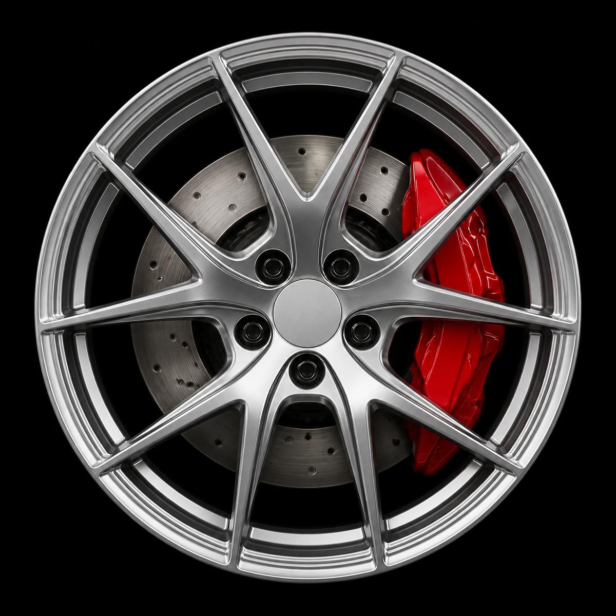 Detailed alloy wheel with brake disc and red caliper